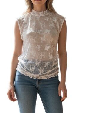 173. White Sheer Lace Mock Neck Tank Top